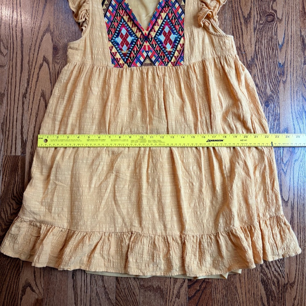 THML Mustard Embroidered Boho Babydoll Dress | Aztec Tribal Embroidery Small - Picture 8 of 8